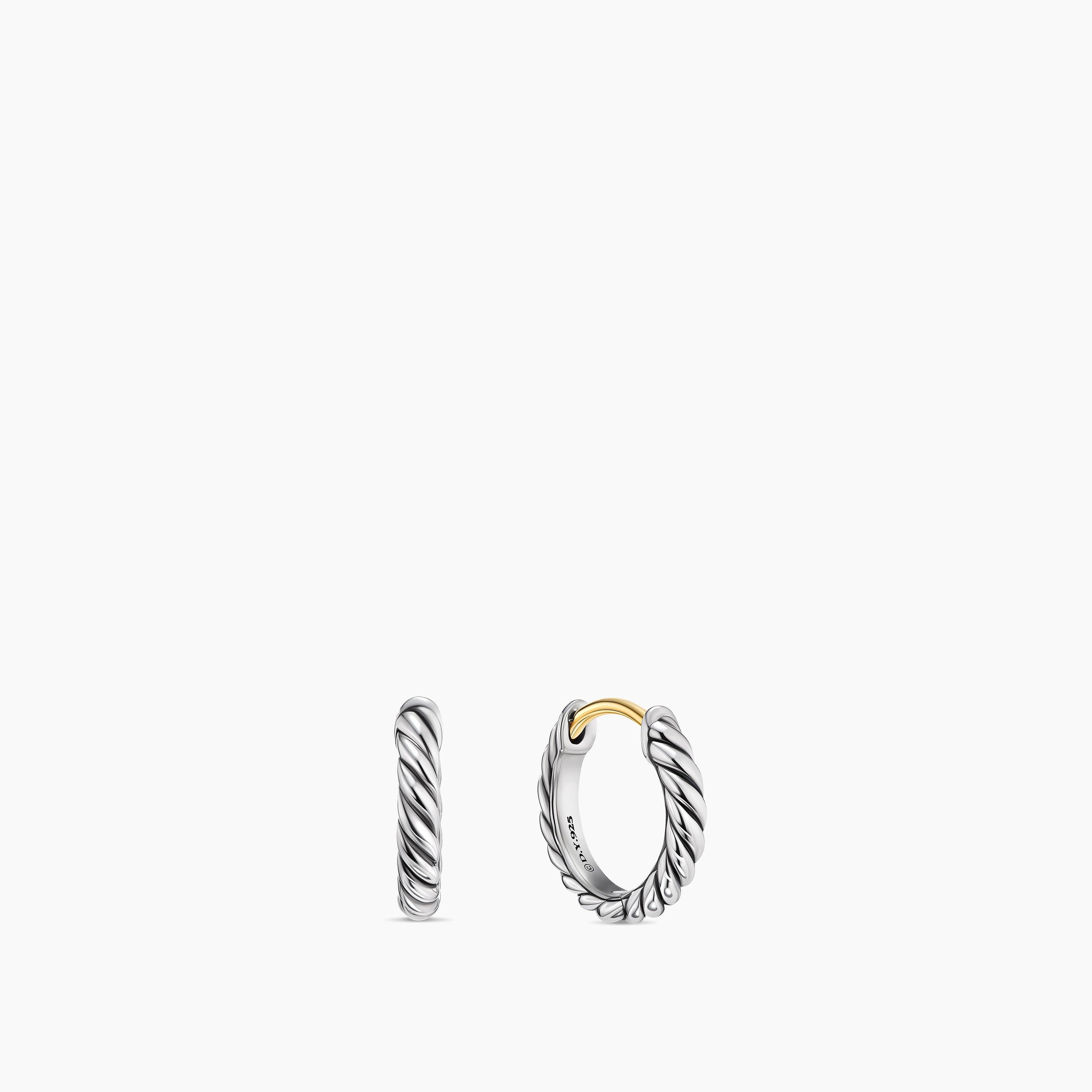 Womens Sculpted Cable Micro Huggie Hoop Earrings in Sterling Silver, 10.6mm