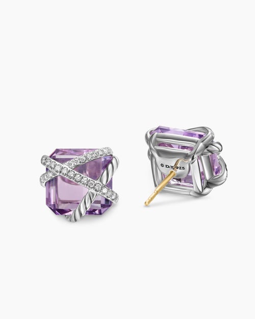 Womens Cable Wrap Stud Earrings in Sterling Silver with Lavender Amethyst and Diamonds, 12mm