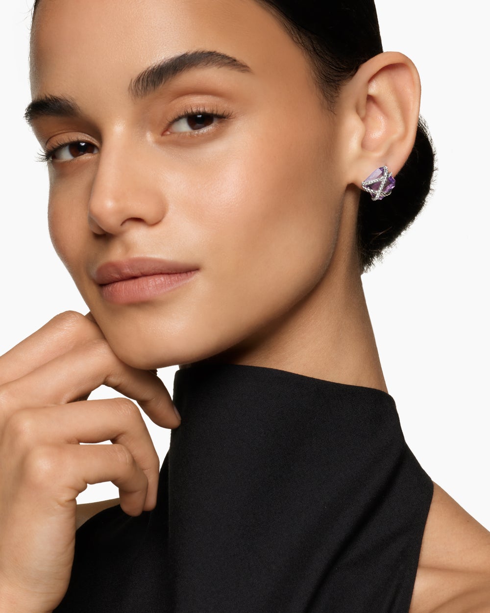 Womens Cable Wrap Stud Earrings in Sterling Silver with Lavender Amethyst and Diamonds, 12mm
