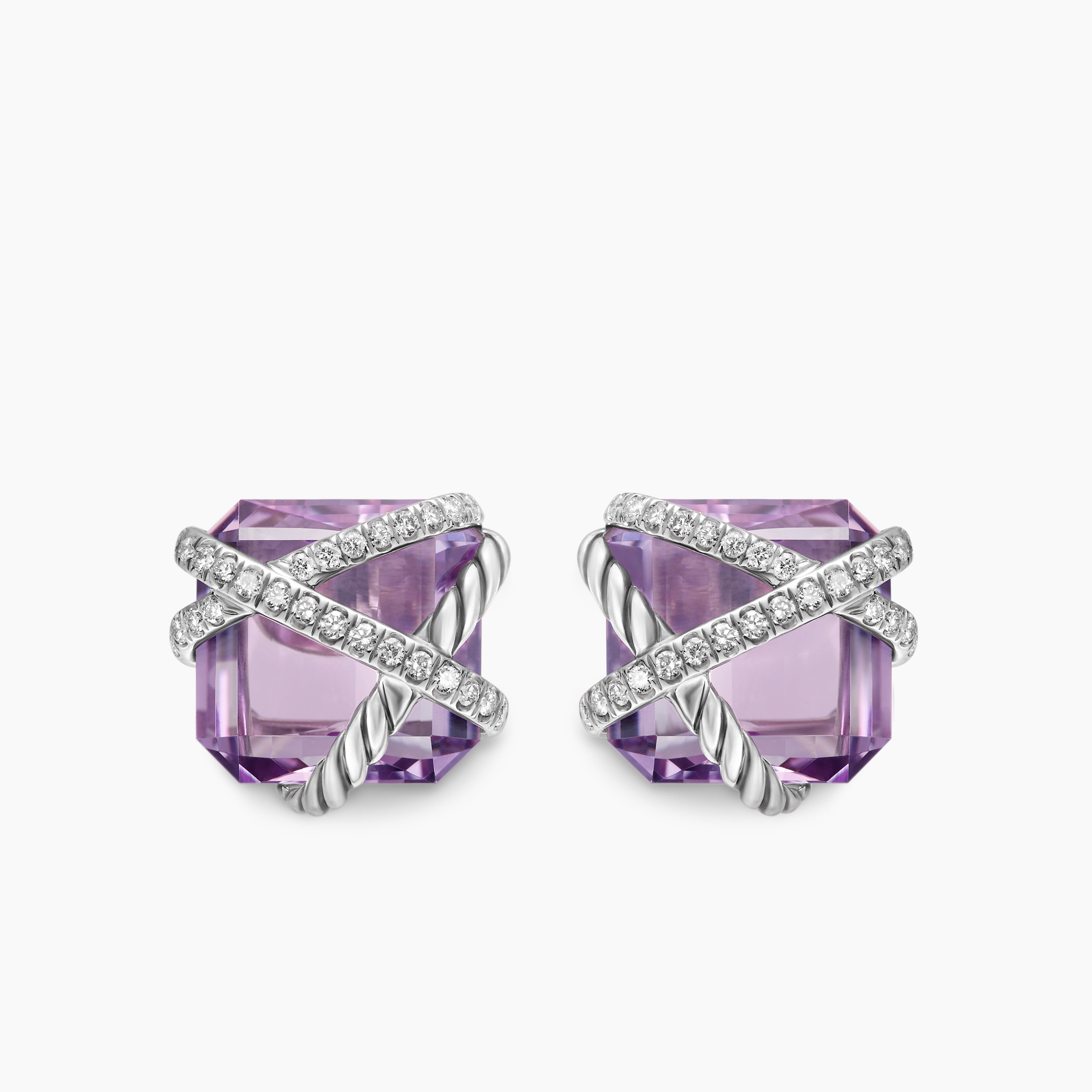 Womens Cable Wrap Stud Earrings in Sterling Silver with Lavender Amethyst and Diamonds, 12mm