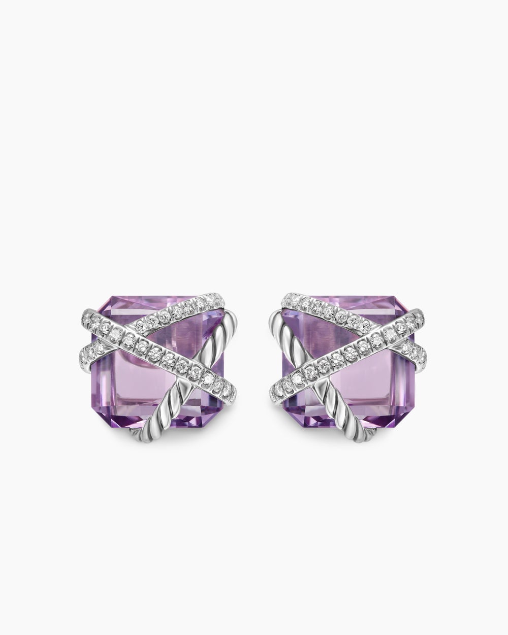 Womens Cable Wrap Stud Earrings in Sterling Silver with Lavender Amethyst and Diamonds, 12mm