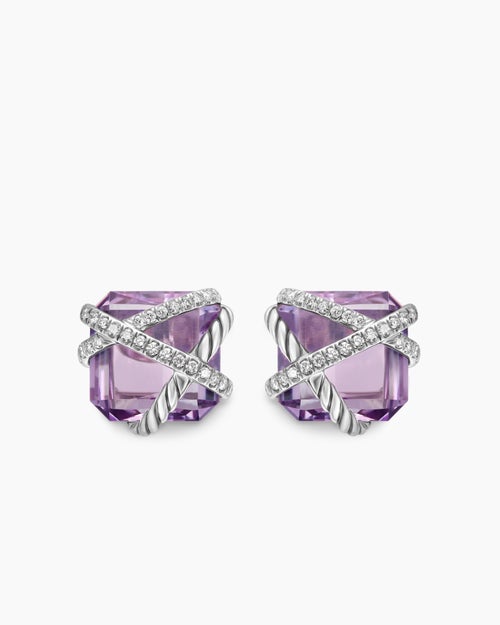 Womens Cable Wrap Stud Earrings in Sterling Silver with Lavender Amethyst and Diamonds, 12mm