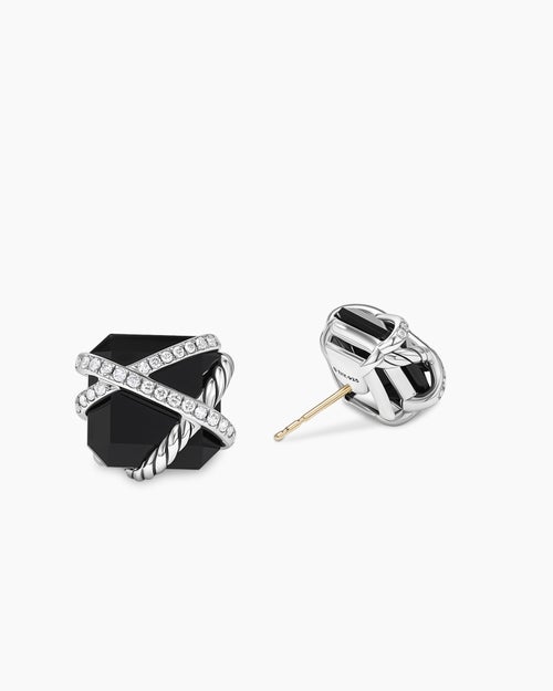 Womens Cable Wrap Stud Earrings in Sterling Silver with Black Onyx and Diamonds, 12mm