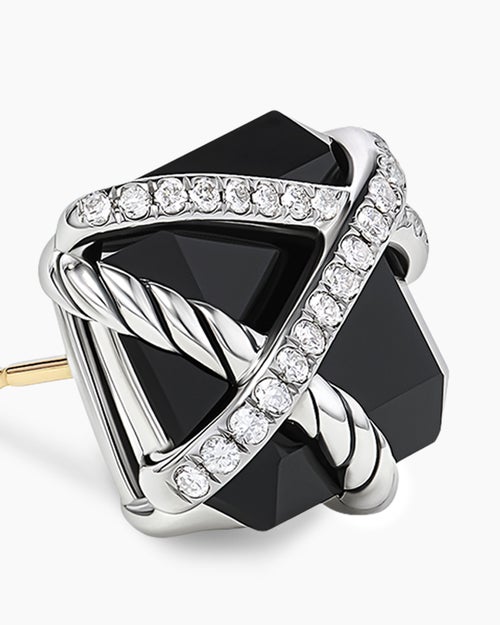 Womens Cable Wrap Stud Earrings in Sterling Silver with Black Onyx and Diamonds, 12mm