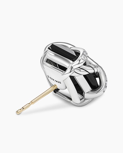 Womens Cable Wrap Stud Earrings in Sterling Silver with Black Onyx and Diamonds, 12mm