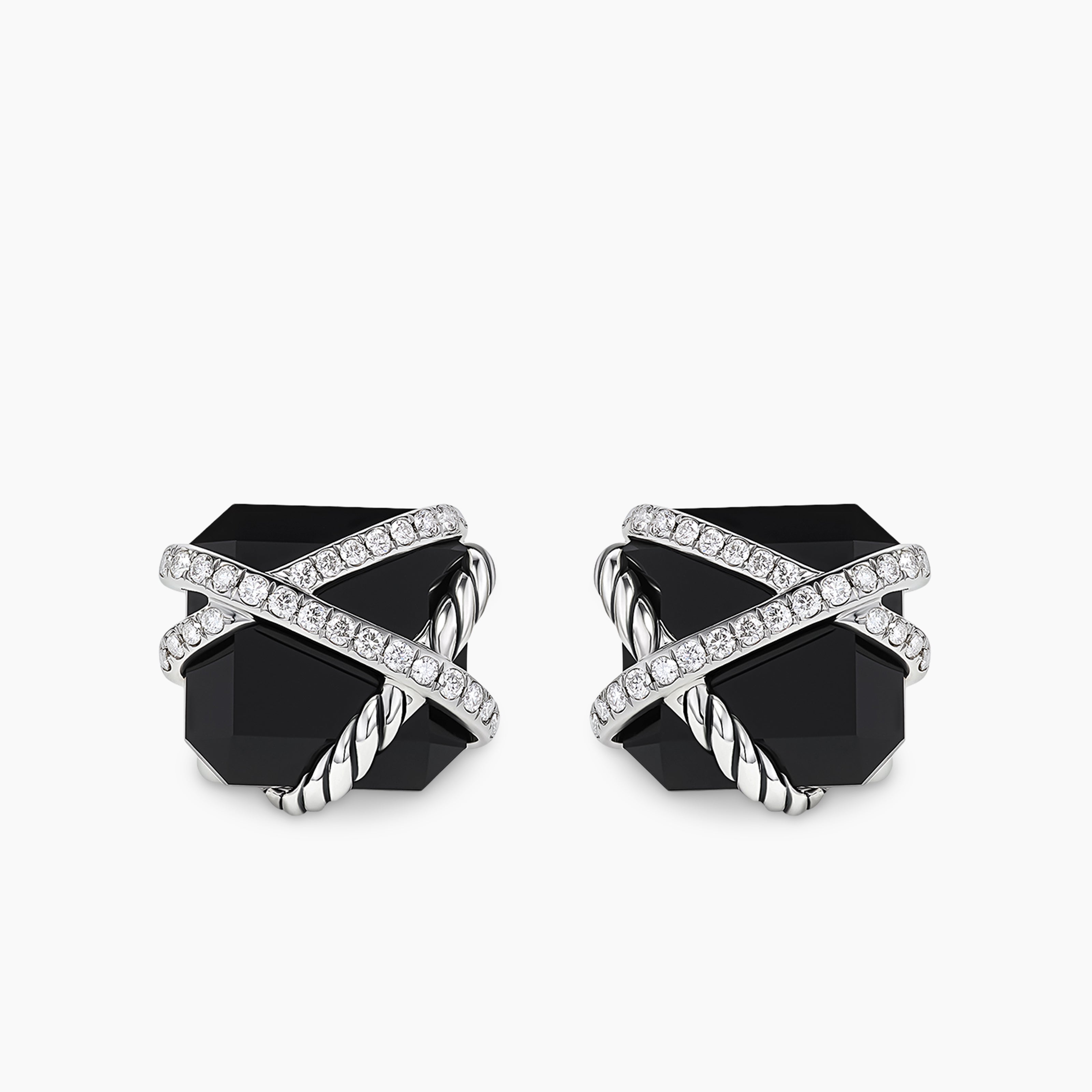 Womens Cable Wrap Stud Earrings in Sterling Silver with Black Onyx and Diamonds, 12mm
