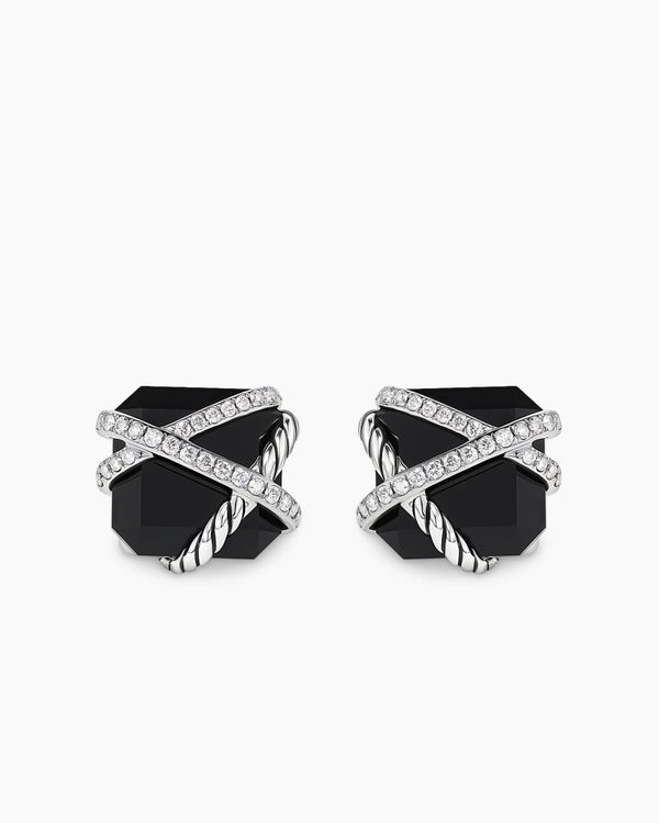 Cable Wrap Stud Earrings in Sterling Silver with Black Onyx and Diamonds, 12mm