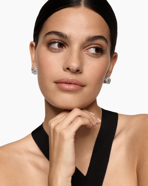 Womens Cable Wrap Stud Earrings in Sterling Silver with Crystals and Diamonds, 12mm