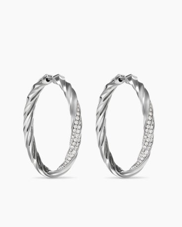 Cable Edge® Hoop Earrings in Sterling Silver with Diamonds, 1.5in