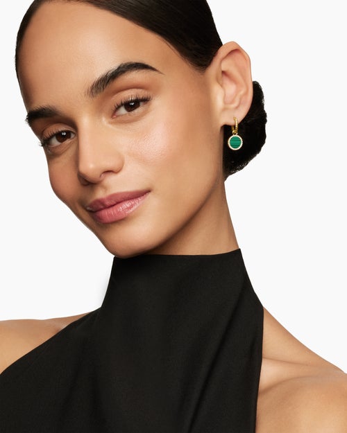 Womens Petite DY Elements® Drop Earrings in 18K Yellow Gold with Malachite and Diamonds, 22.6mm