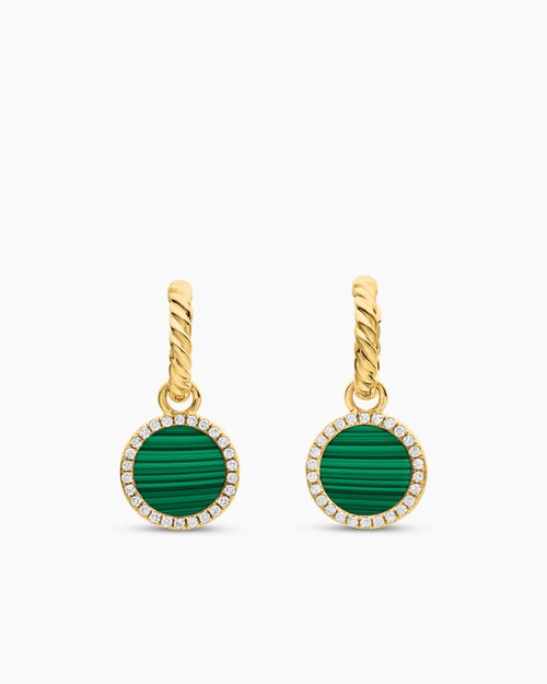 Womens Petite DY Elements® Drop Earrings in 18K Yellow Gold with Malachite and Diamonds, 22.6mm