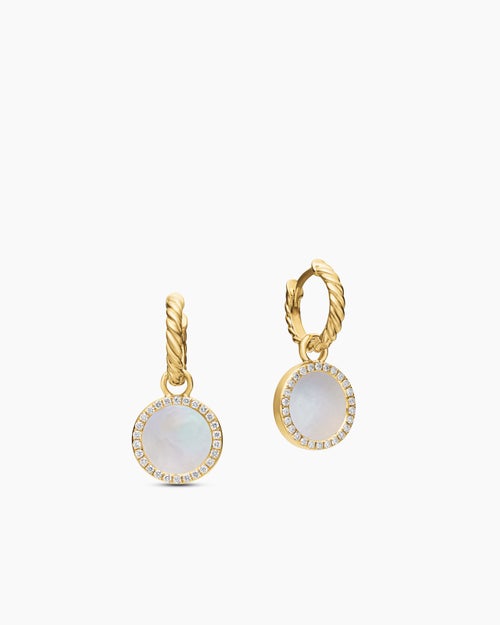 Womens Petite DY Elements® Drop Earrings in 18K Yellow Gold with Mother of Pearl and Diamonds, 22.6mm