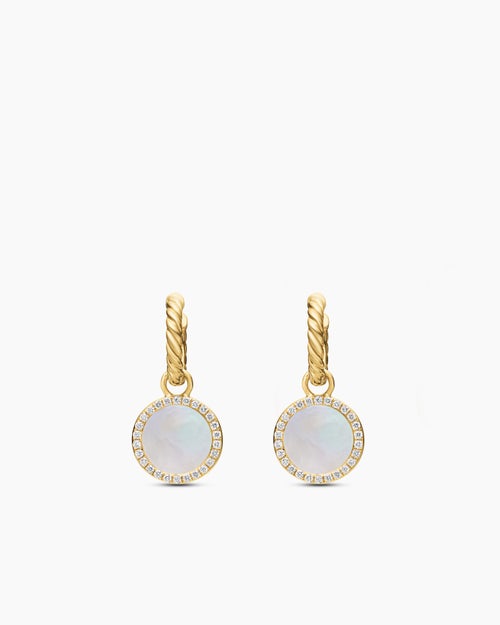 Womens Petite DY Elements® Drop Earrings in 18K Yellow Gold with Mother of Pearl and Diamonds, 22.6mm