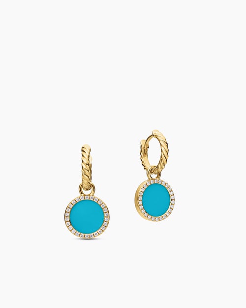 Womens Petite DY Elements® Drop Earrings in 18K Yellow Gold with Turquoise and Diamonds, 22.6mm