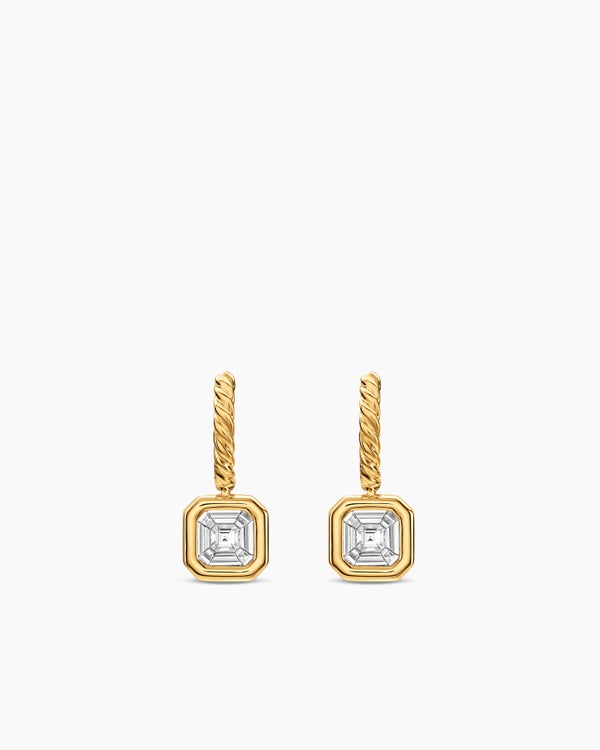 Illusion Set Drop Earrings in 18K Yellow Gold with Square Diamonds, 7.7mm