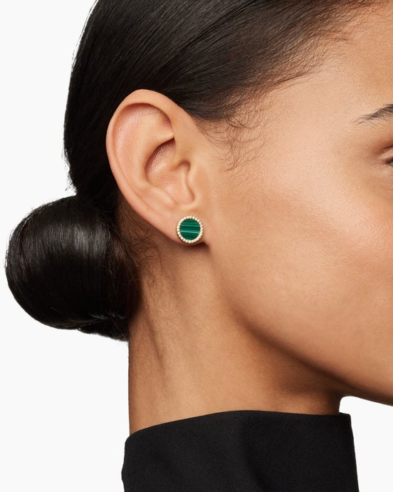 Petite DY Elements® Stud Earrings in 18K Yellow Gold with Malachite and Diamonds, 11mm