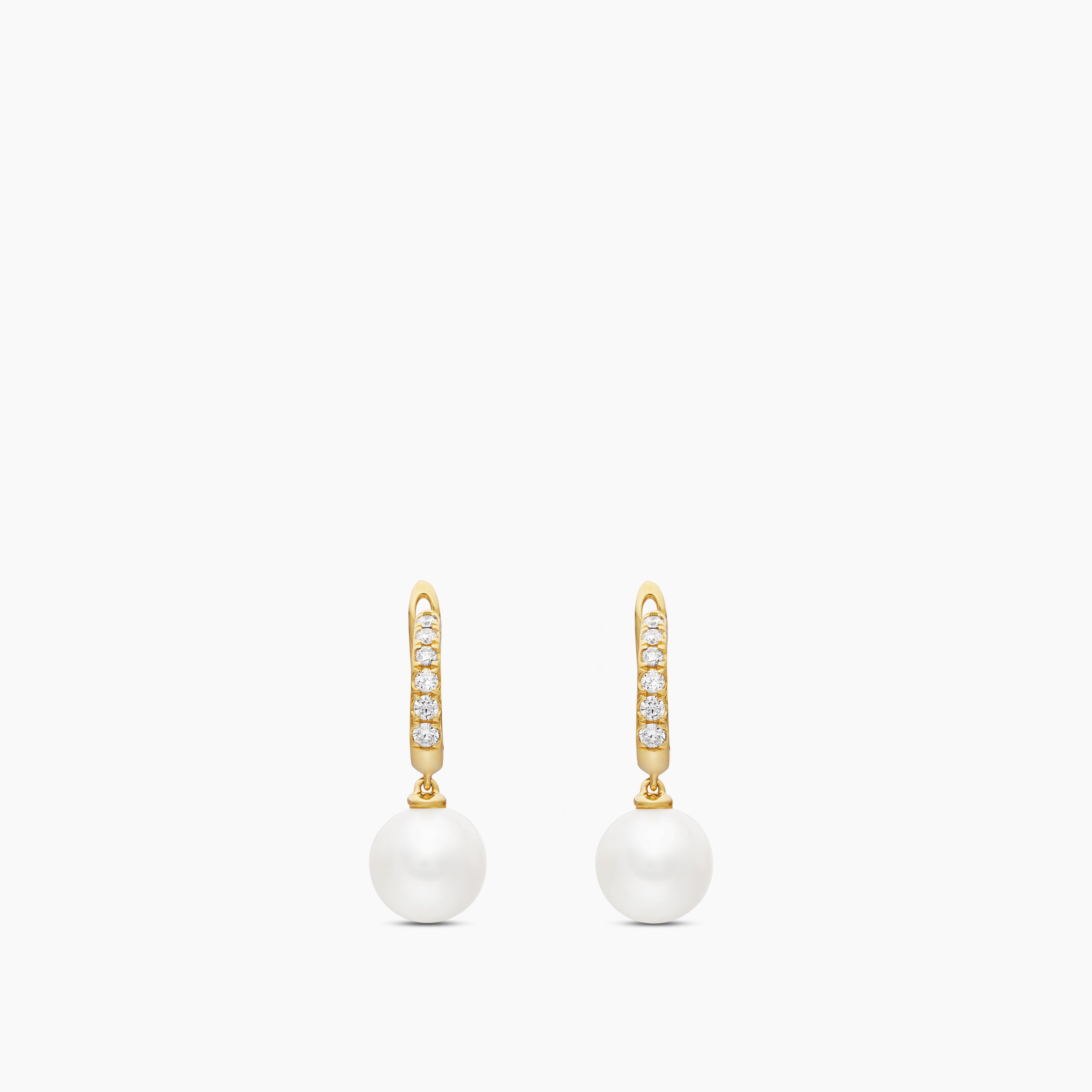 Womens Pearl and Pav&eacute; Drop Earrings in 18K Yellow Gold with Pearls and Diamonds, 15.6mm