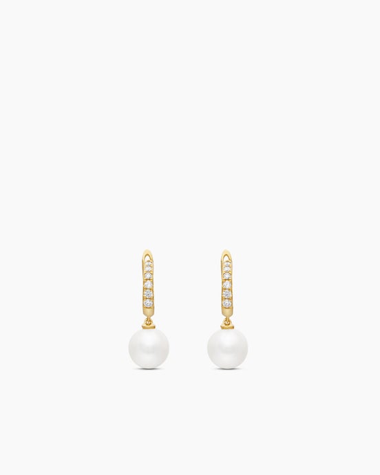 Pearl and Pavé Drop Earrings in 18K Yellow Gold with Pearls and Diamonds, 15.6mm