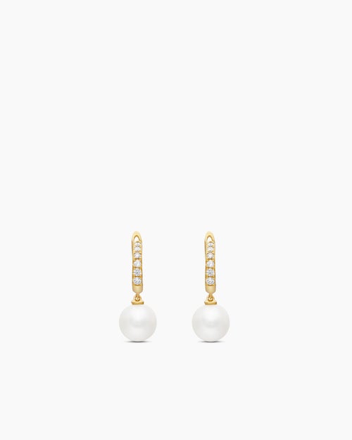 Womens Pearl and Pavé Drop Earrings in 18K Yellow Gold with Pearls and Diamonds, 15.6mm