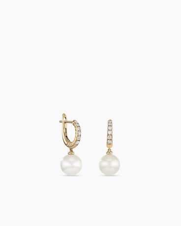 Pearl and Pavé Drop Earrings in 18K Yellow Gold with Pearls and Diamonds, 15.6mm
