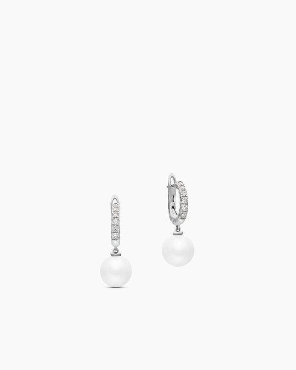Pearl and Pavé Drop Earrings in Sterling Silver with Pearls and Diamonds, 15.6mm