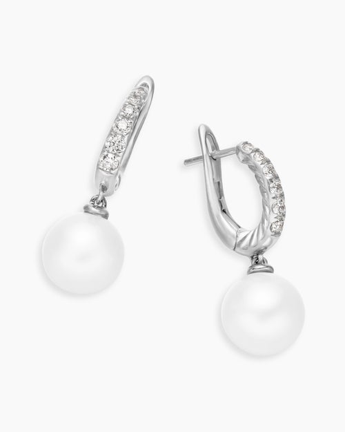 Womens Pearl and Pavé Drop Earrings in Sterling Silver with Pearls and Diamonds, 15.6mm
