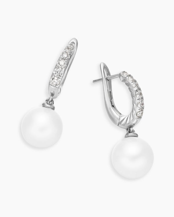 Pearl and Pavé Drop Earrings in Sterling Silver with Pearls and Diamonds, 15.6mm