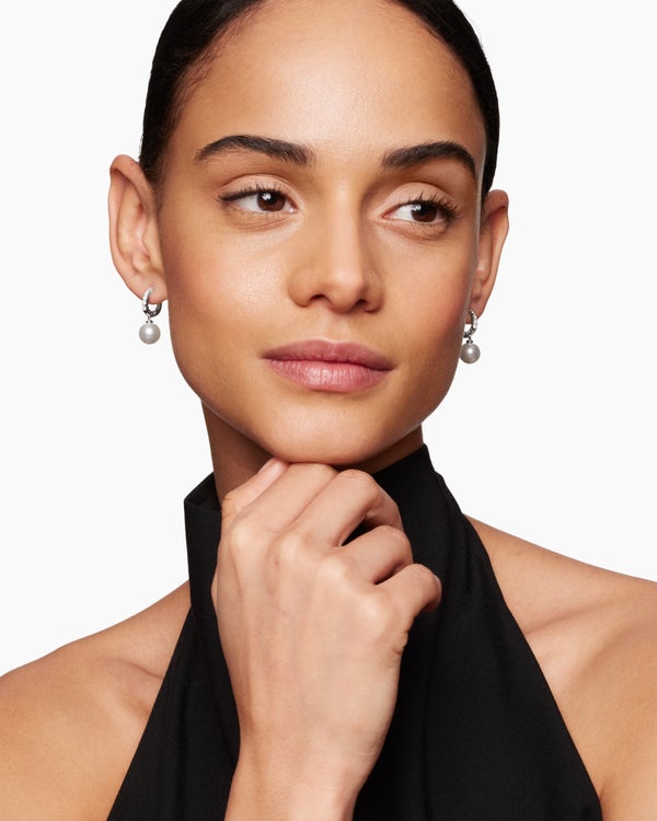 Pearl and Pavé Drop Earrings in Sterling Silver with Pearls and Diamonds, 15.6mm