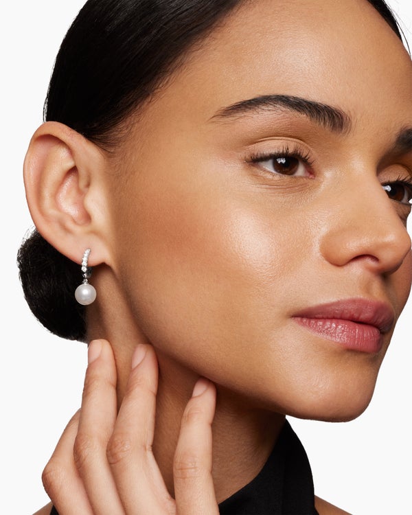 Pearl and Pavé Drop Earrings in Sterling Silver with Pearls and Diamonds, 15.6mm