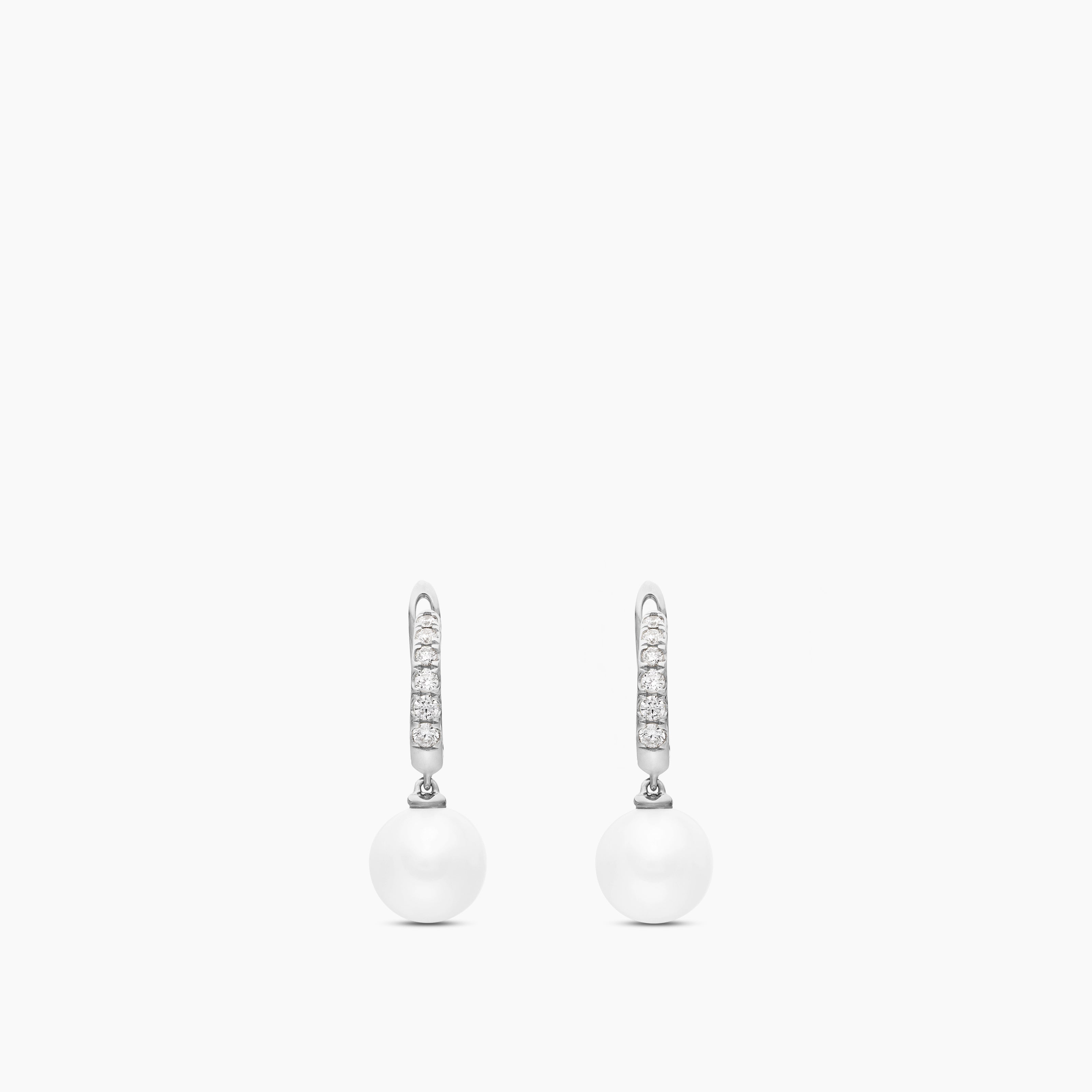 Womens Pearl and Pav&eacute; Drop Earrings in Sterling Silver with Pearls and Diamonds, 15.6mm