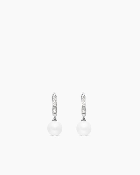 Pearl and Pavé Drop Earrings in Sterling Silver with Pearls and Diamonds, 15.6mm