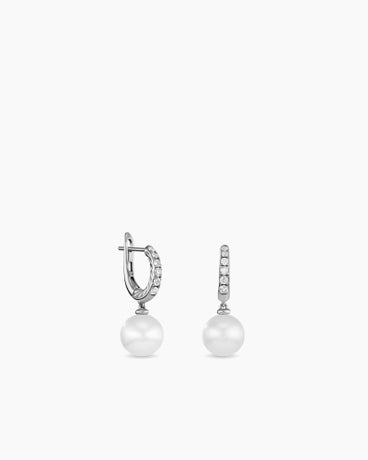 Pearl and Pavé Drop Earrings in Sterling Silver with Pearls and Diamonds, 15.6mm