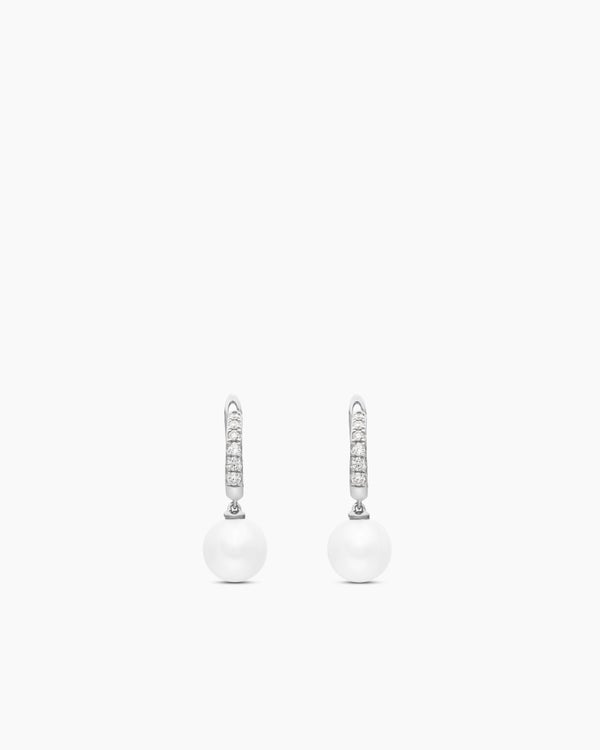 Pearl and Pavé Drop Earrings in Sterling Silver with Pearls and Diamonds, 15.6mm