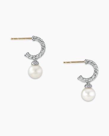 Pearl and Pavé Solari Drop Earrings in Sterling Silver with Pearls and Diamonds, 18.4mm