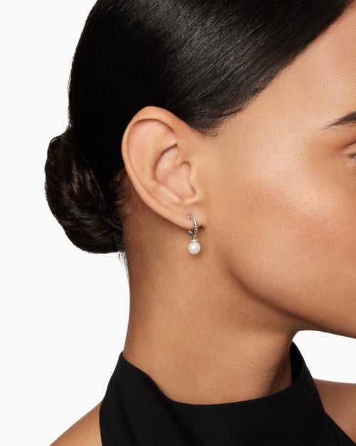 Womens Pearl and Pavé Solari Drop Earrings in Sterling Silver with Pearls and Diamonds, 18.4mm
