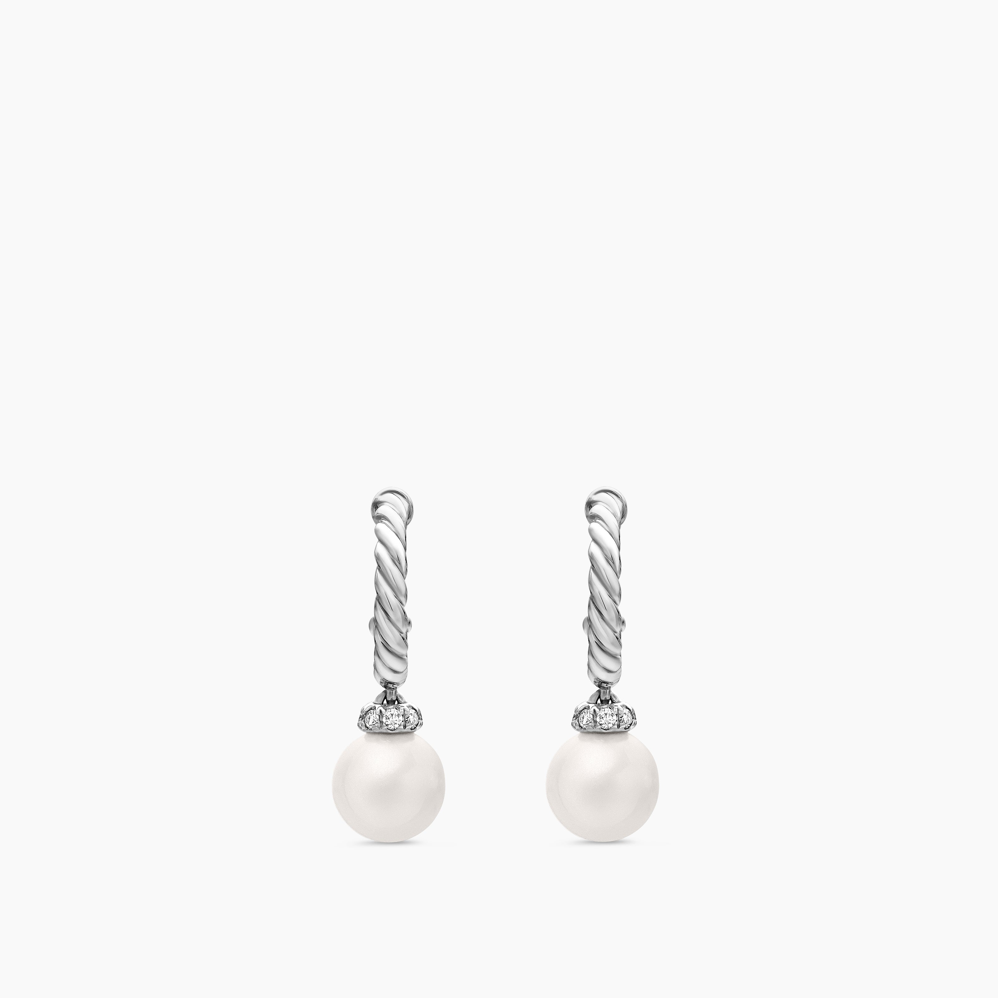 Womens Pearl and Pav&eacute; Solari Drop Earrings in Sterling Silver with Pearls and Diamonds, 18.4mm