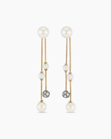 Pearl and Pavé Two Row Drop Earrings in 18K Yellow Gold with Pearls and Diamonds, 2.1in