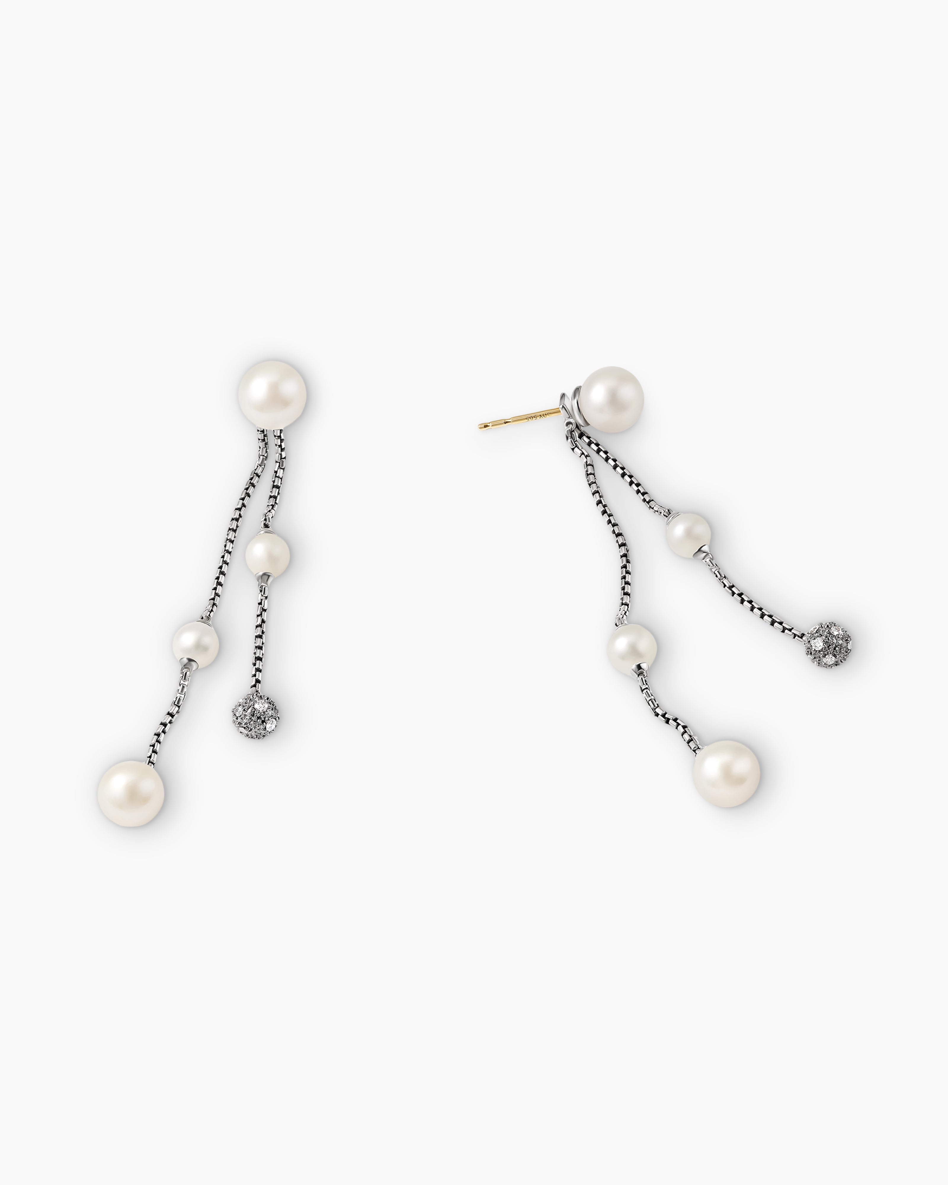 David Yurman Pearl and Pave Two Row Drop Earrings in Sterling Silver with Diamonds