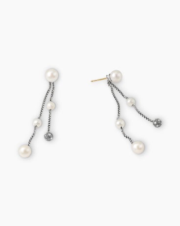 Pearl and Pavé Two Row Drop Earrings in Sterling Silver with Pearls and Diamonds, 2.5in