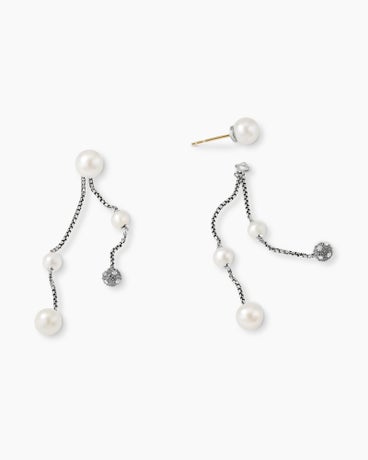 Pearl and Pavé Two Row Drop Earrings in Sterling Silver with Pearls and Diamonds, 2.5in