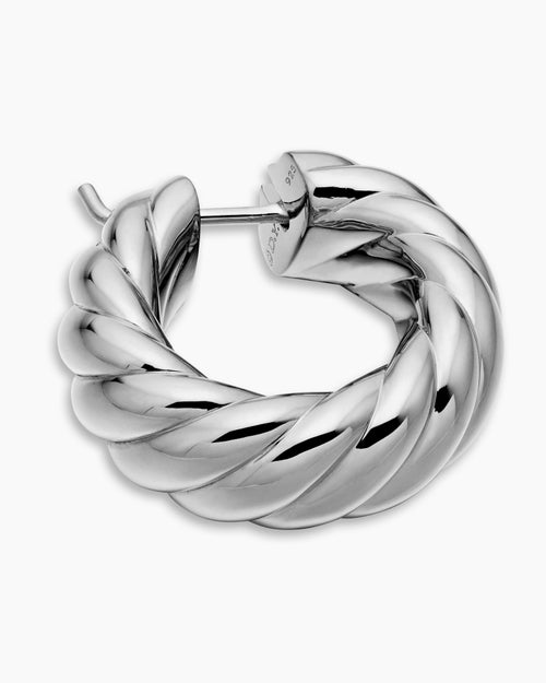 Womens Sculpted Cable Hoop Earrings in Sterling Silver, 25mm