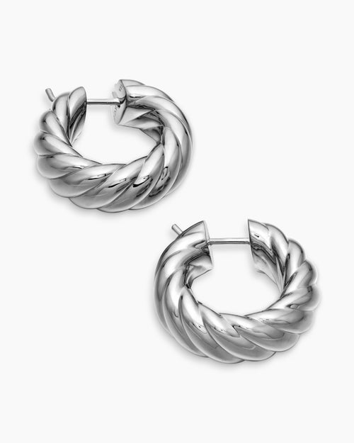 Womens Sculpted Cable Hoop Earrings in Sterling Silver, 25mm