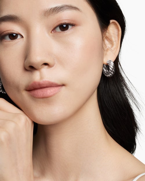 Womens Sculpted Cable Hoop Earrings in Sterling Silver, 25mm