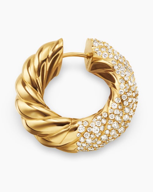 Womens Sculpted Cable Hoop Earrings in 18K Yellow Gold with Diamonds, 25mm