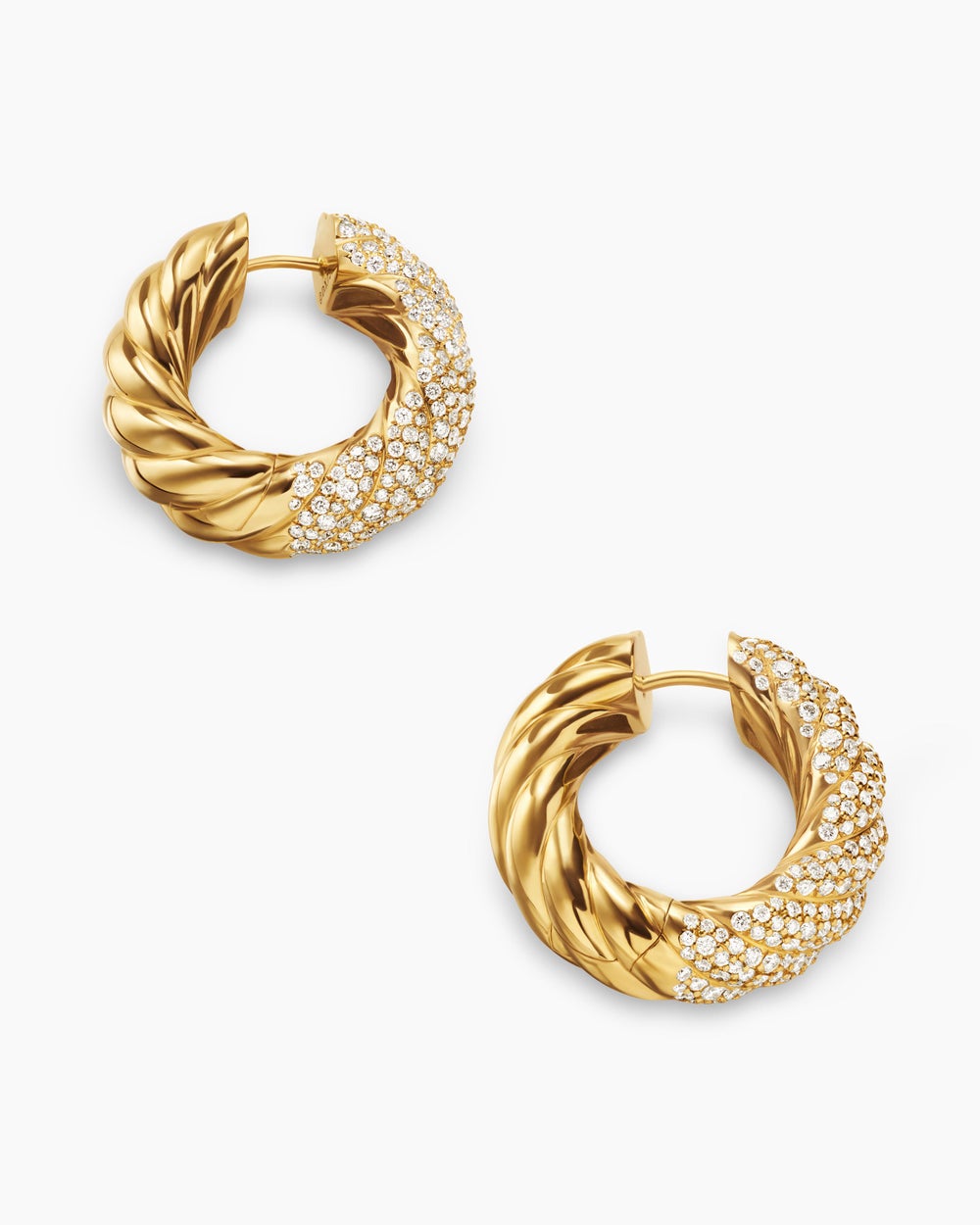 Womens Sculpted Cable Hoop Earrings in 18K Yellow Gold with Diamonds, 25mm