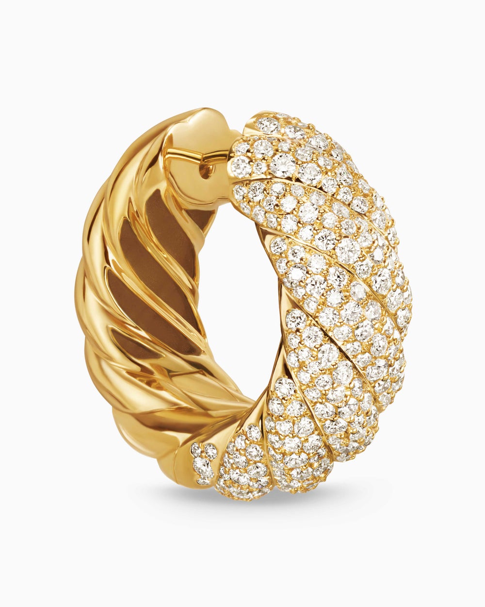 Womens Sculpted Cable Hoop Earrings in 18K Yellow Gold with Diamonds, 25mm