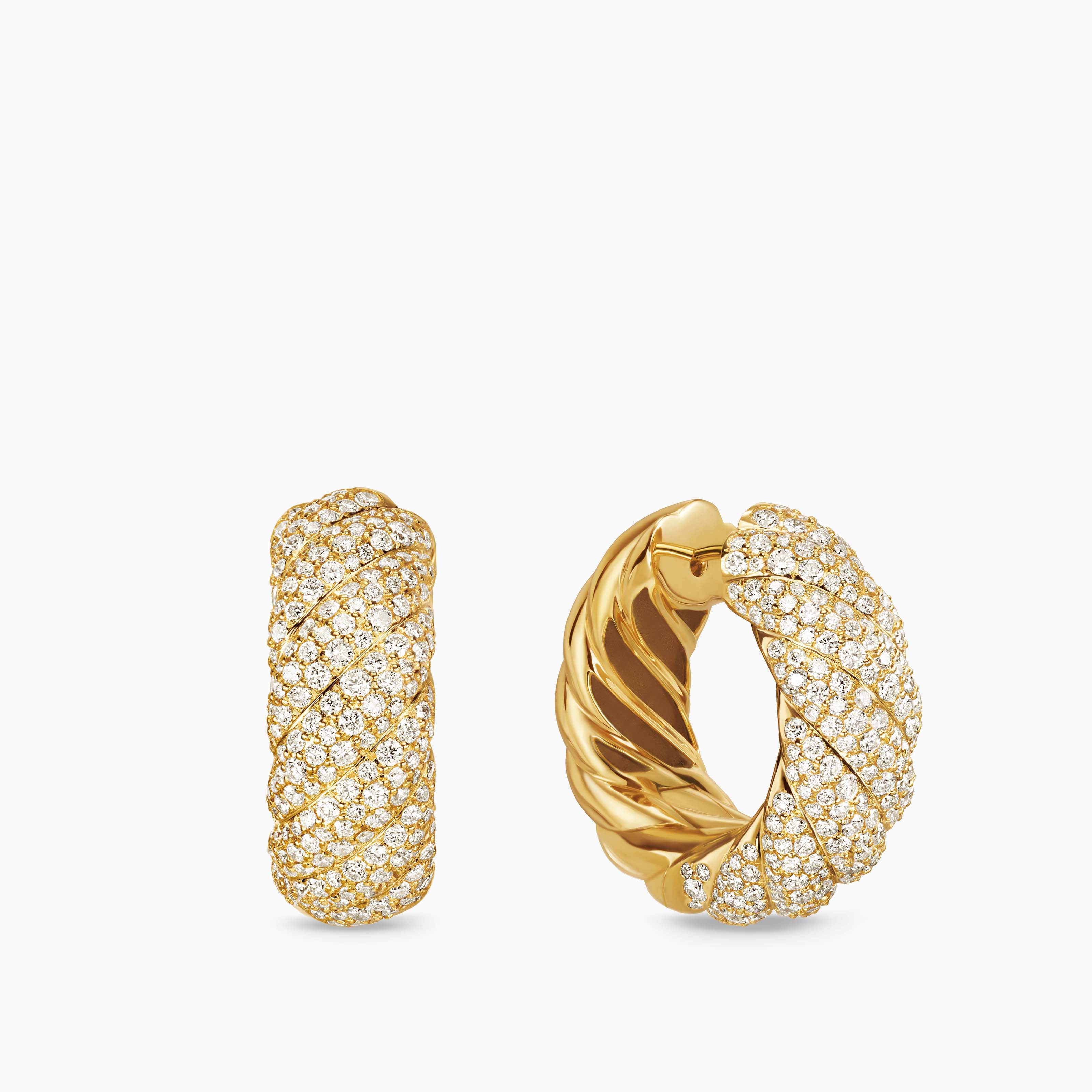 Womens Sculpted Cable Hoop Earrings in 18K Yellow Gold with Diamonds, 25mm