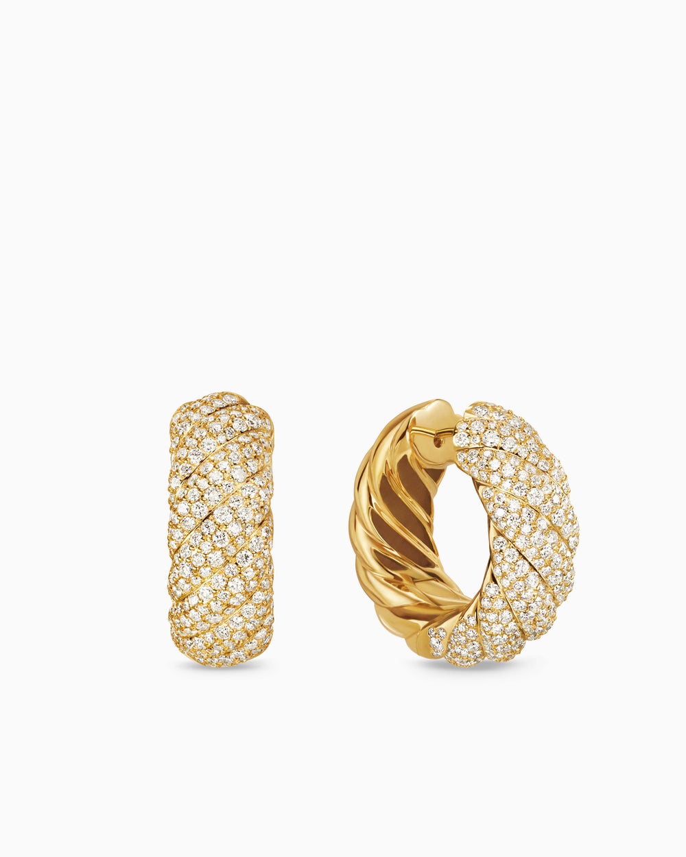 Womens Sculpted Cable Hoop Earrings in 18K Yellow Gold with Diamonds, 25mm