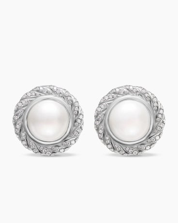 Pearl Classics Cable Halo Button Earrings in Sterling Silver with Diamonds, 18.8mm