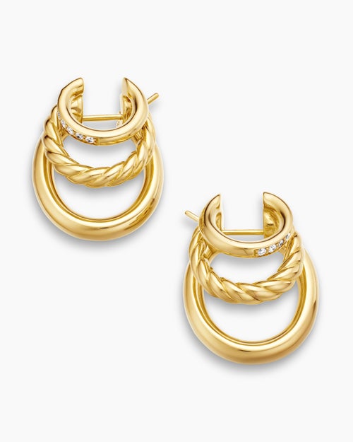 Womens DY Mercer® Three Row Hoop Earrings in 18K Yellow Gold with Diamonds, 21mm
